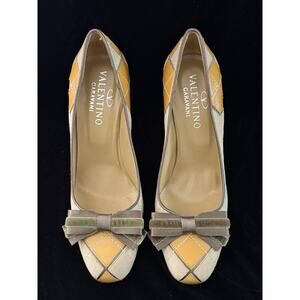 Valentino Garivani Vintage Y2K Argyle Patchwork Suede Heels w/ Velvet Bows Sz 38